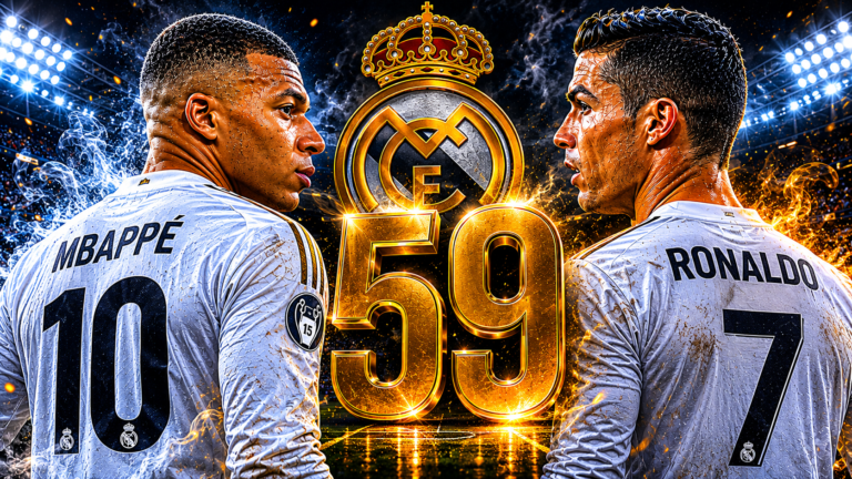 Kylian Mbappé y Cristiano Ronaldo representados junto al número 59 tras igualar el récord de goles en un año natural con el Real Madrid