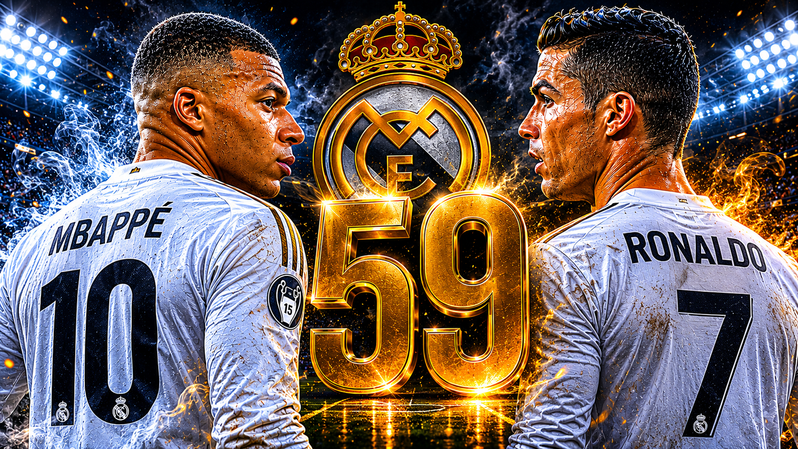 Kylian Mbappé y Cristiano Ronaldo representados junto al número 59 tras igualar el récord de goles en un año natural con el Real Madrid