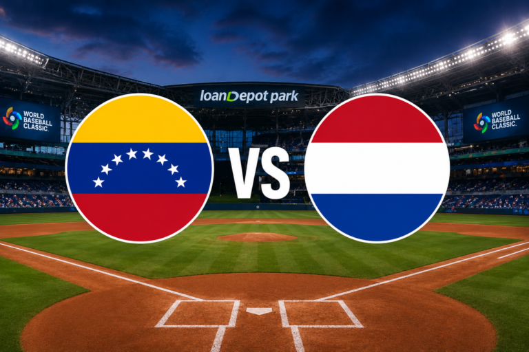 Logos de Venezuela y Países Bajos en el loanDepot Park de Miami durante el Clásico Mundial de Béisbol 2026
