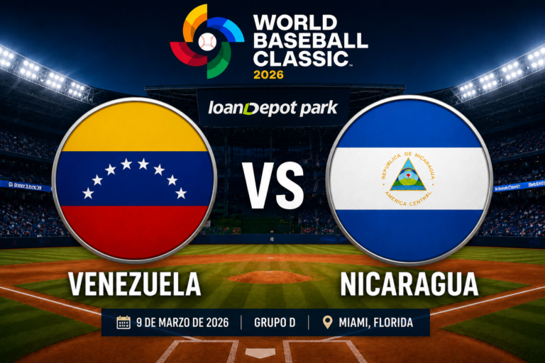 Logos de Venezuela y Nicaragua en el loanDepot Park durante el Clásico Mundial de Béisbol 2026 en Miami