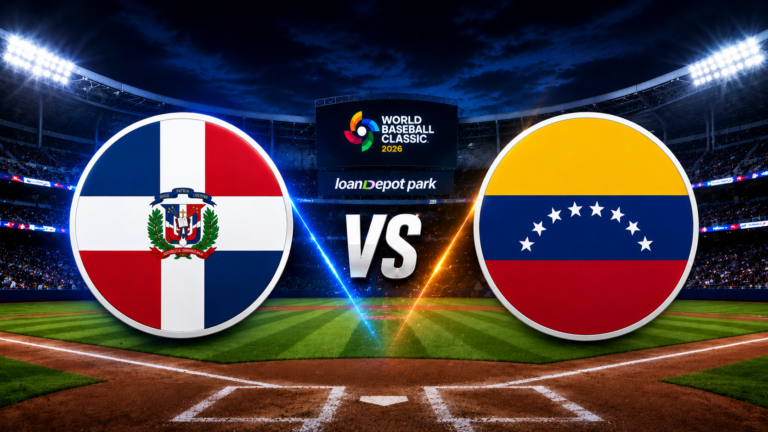 Logos de República Dominicana y Venezuela en el loanDepot Park durante el Clásico Mundial de Béisbol 2026