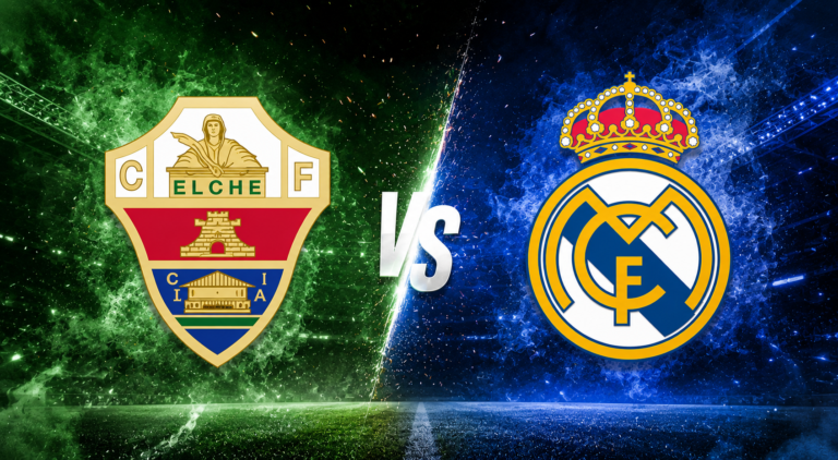 Escudos del Elche CF y Real Madrid enfrentados en una imagen promocional de La Liga 2026