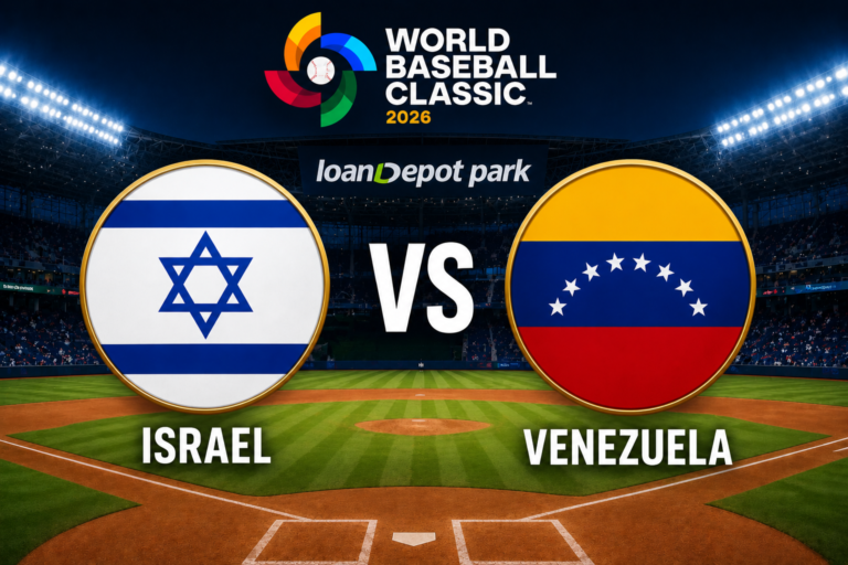 Logos de Israel y Venezuela en el loanDepot Park de Miami durante el Clásico Mundial de Béisbol 2026