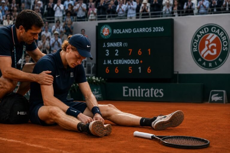 Jannik Sinner recibe asistencia médica durante su derrota ante Juan Manuel Cerúndolo en Roland Garros 2026