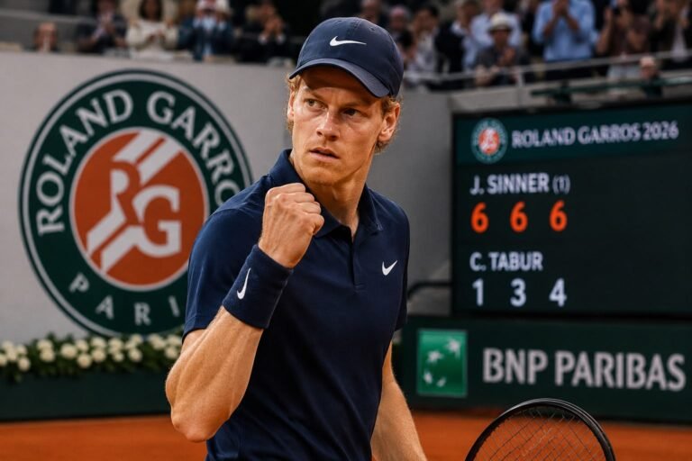 Jannik Sinner celebra su victoria ante Clément Tabur en la primera ronda de Roland Garros 2026