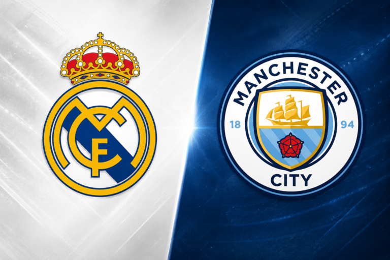 Escudos del Real Madrid y Manchester City en una imagen promocional de la UEFA Champions League 2025