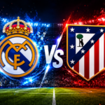 Logos del Real Madrid y Atlético de Madrid en un estadio iluminado durante el derbi madrileño de La Liga 2026