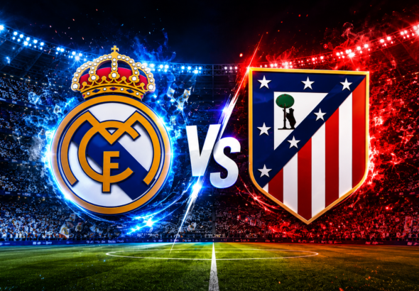 Logos del Real Madrid y Atlético de Madrid en un estadio iluminado durante el derbi madrileño de La Liga 2026