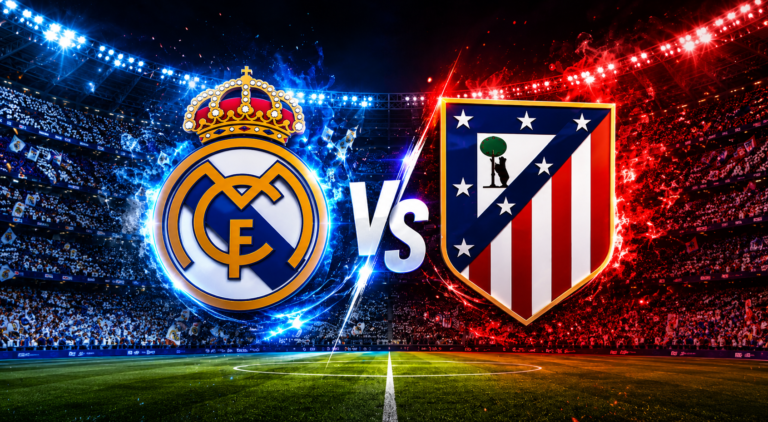 Logos del Real Madrid y Atlético de Madrid en un estadio iluminado durante el derbi madrileño de La Liga 2026