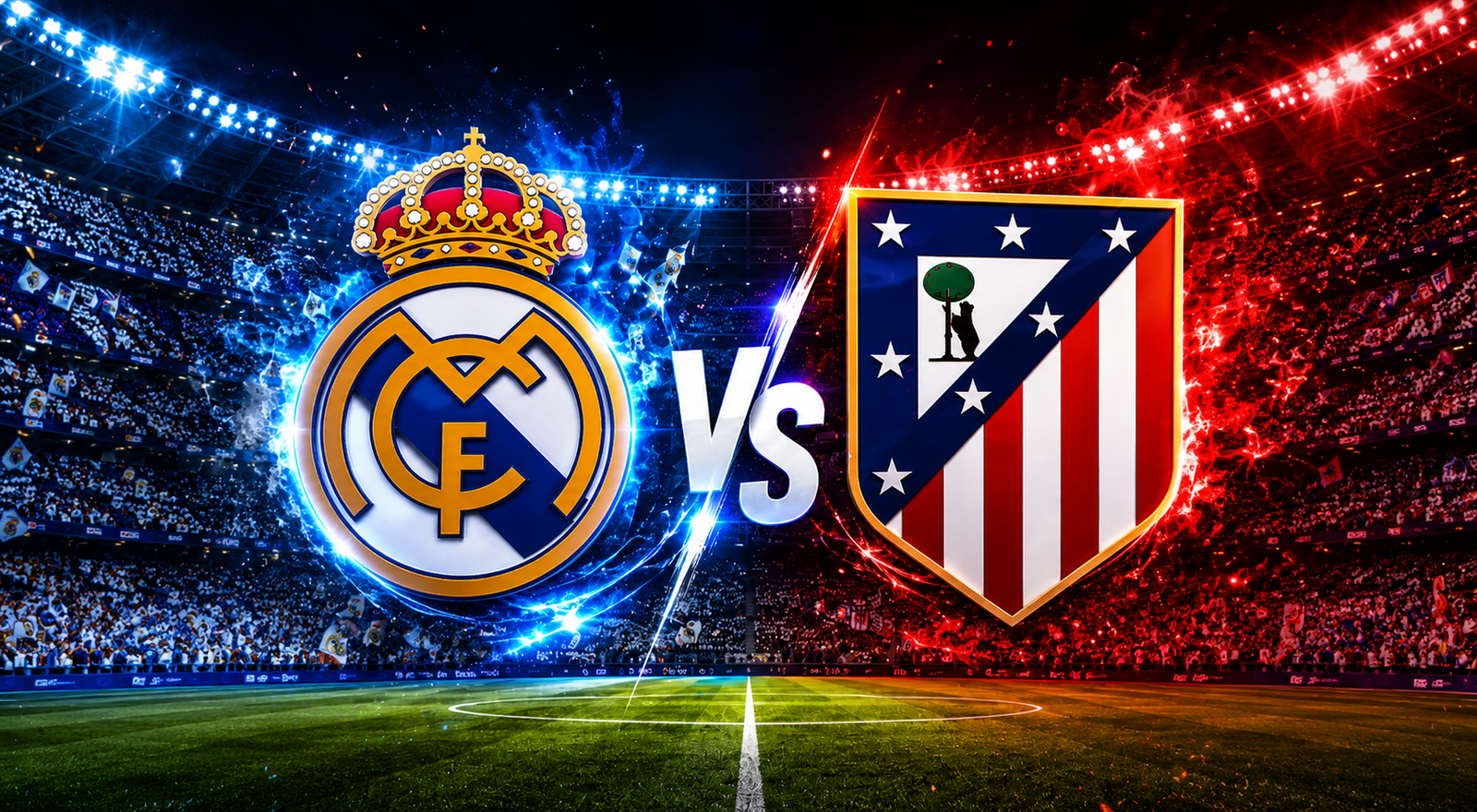Logos del Real Madrid y Atlético de Madrid en un estadio iluminado durante el derbi madrileño de La Liga 2026