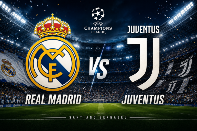 Logos del Real Madrid y Juventus antes del partido disputado en el Santiago Bernabéu por la UEFA Champions League