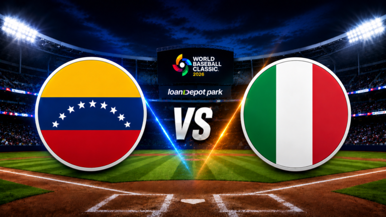 Banderas de Venezuela e Italia en el loanDepot Park durante las semifinales del Clásico Mundial de Béisbol 2026