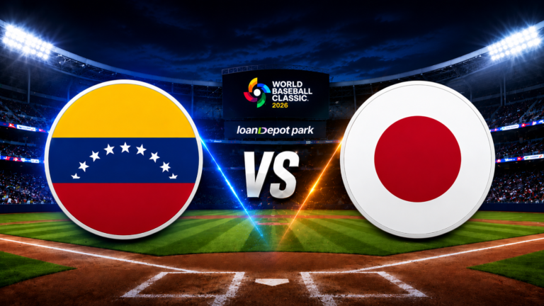 Logos de Venezuela y Japón en el loanDepot Park durante los cuartos de final del Clásico Mundial de Béisbol 2026